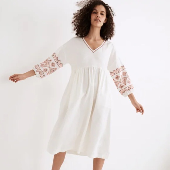Madewell Dresses & Skirts - Madewell Linen Blend Embroidered-Sleeve Popover Midi Dress Size Small